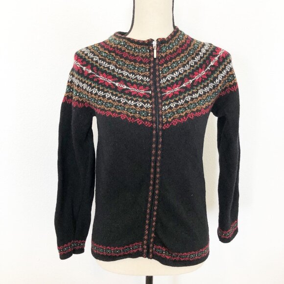 ALPS Lambswool Zip Up Black Fair Isle Scandinavian Knit Sweater Womens Small - Picture 1 of 10